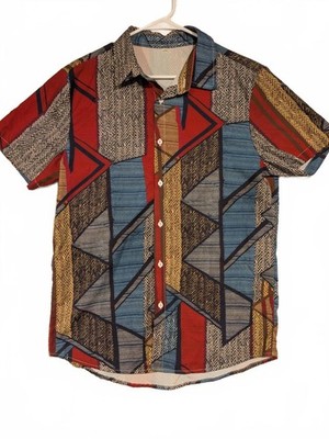 Retro Abstract Geometric Print Button Up Short Sleeve Shirt Multicolor Mens L