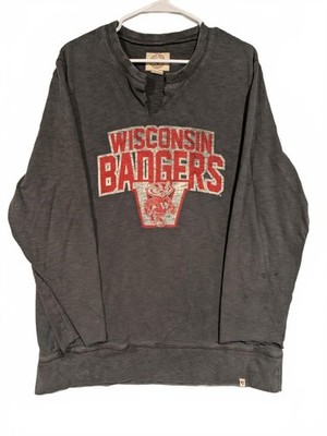 47 Brand Wisconsin Badgers Sweatshirt Vintage Wash Raw Hem Gray Long Sleeve XL