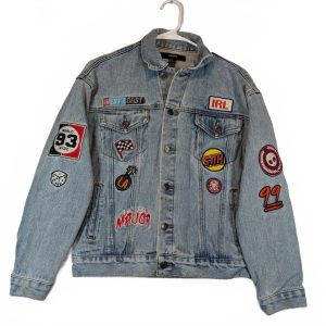 Forever 21 Patch Denim Trucker Jacket Light Blue Wash Racing Womens Size Small