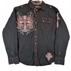 Lamasini Embroidered Cross Rhinestone Western Long Sleeve Shirt Top Mens Small