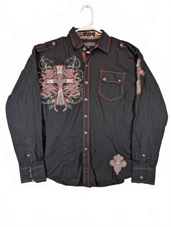 Lamasini Embroidered Cross Rhinestone Western Long Sleeve Shirt Top Mens Small