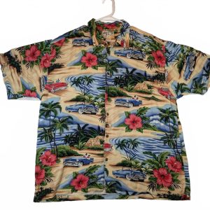 Big Dogs Hawaiian Shirt Tropical Car Floral Rayon Aloha Button Up Mens Size XL