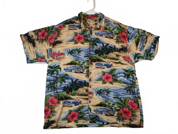 Big Dogs Hawaiian Shirt Tropical Car Floral Rayon Aloha Button Up Mens Size XL