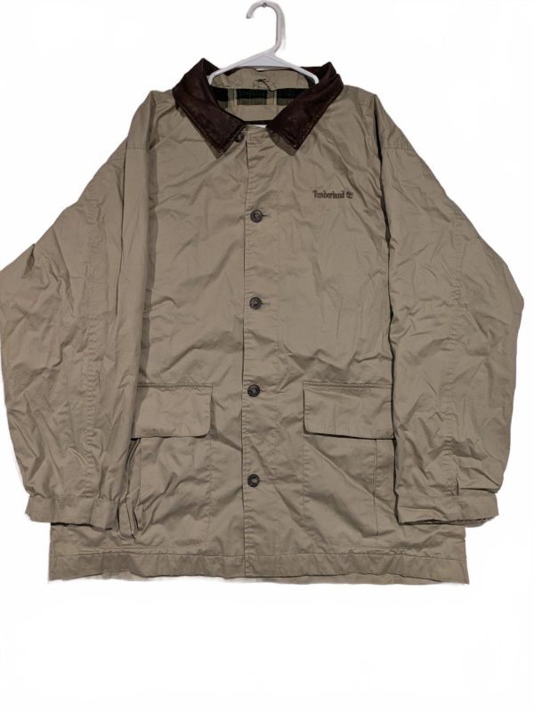 Timberland Weathergear Khaki Field Jacket Leather Collar Button Up Mens XL 1998