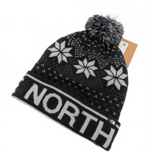 The North Face Snowflake Pom Beanie Knit Winter Logo Hat Kids Medium Black Gray