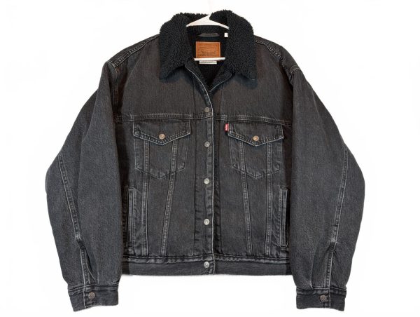 Levi's Premium Trucker Sherpa Lined Denim Jacket Black Jean Mens Large Coat