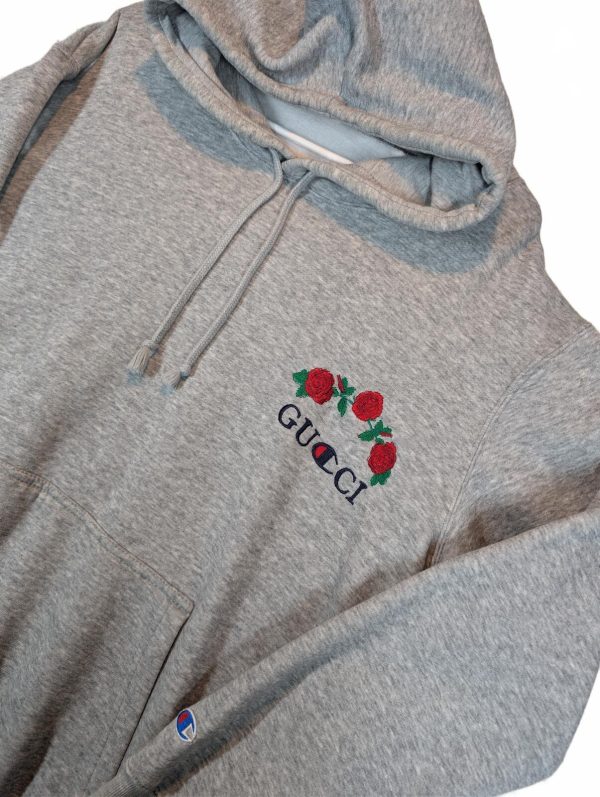 Champion Reverse Weave Custom Rose Embroidered Hoodie Mens XLarge Gray Pullover