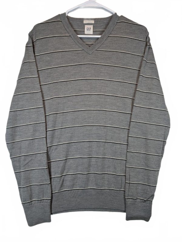 Gap Slim Fit Striped V Neck Knit Sweater Gray Pullover Mens Large