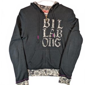 Billabong Reversible Floral Full Zip Hoodie Spellout Black White Womens Med Y2K