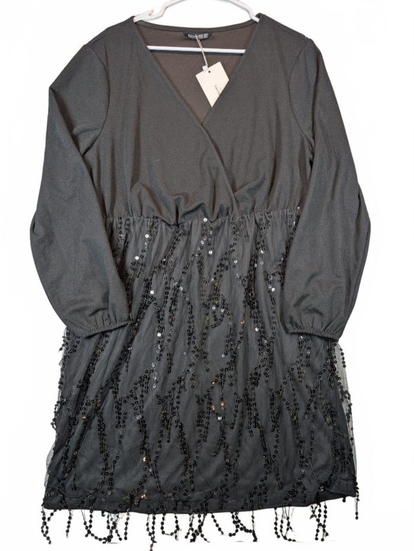 BloomChic Sequin Mesh Tassel Faux Wrap Long Sleeve Dress Womens 14 16 Party
