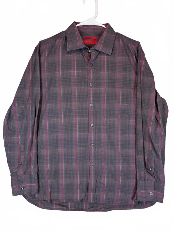 Alfani Fitted Striped Button Up Shirt Gray Red Mens Large Cotton Blend