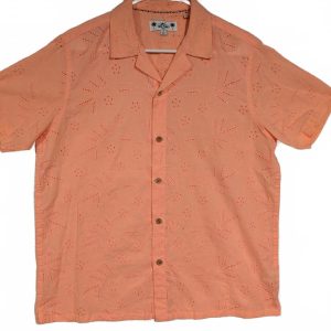 Free Planet Embroidered Floral Eyelet Camp Shirt Peach Short Sleeve Mens Small
