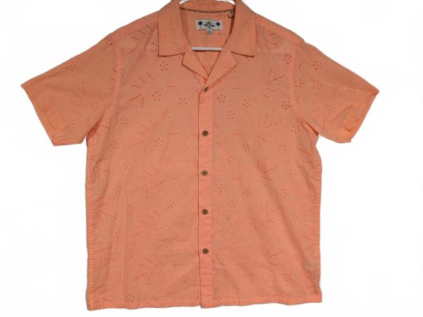 Free Planet Embroidered Floral Eyelet Camp Shirt Peach Short Sleeve Mens Small