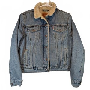 Levi Strauss Sherpa Trucker Denim Jacket Fleece Lined Cropped Wash Women XL