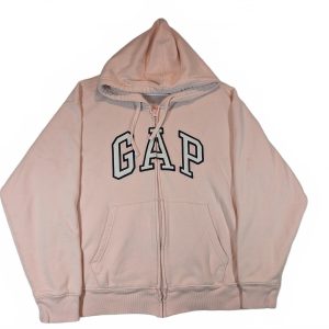 Gap Logo Full Zip Hoodie Pink Fleece Spellout Kangaroo Pocket Womens Medium