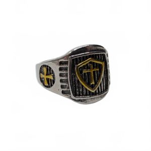 Silver and Gold Accented Holy Cross Shield Ring Mens Size 10 Stainless Steel