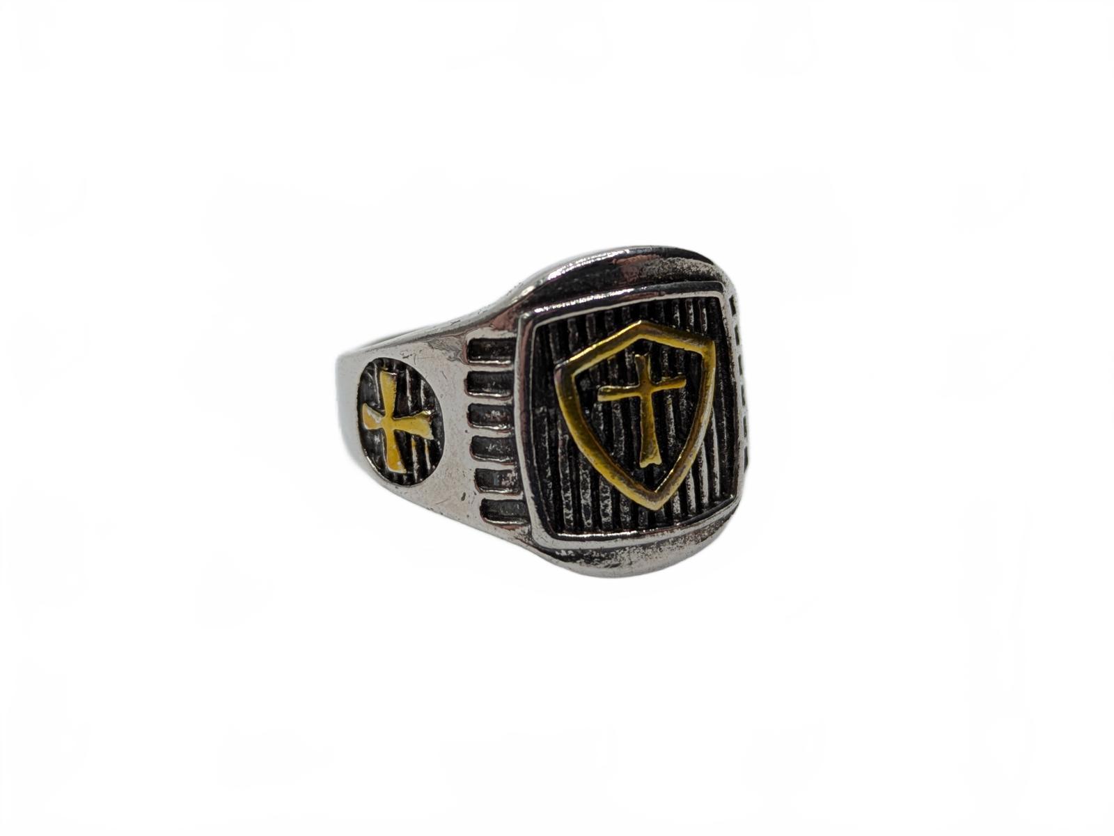 Silver and Gold Accented Holy Cross Shield Ring Mens Size 10 Stainless Steel