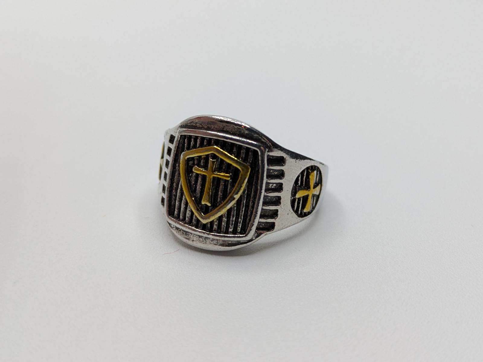 Silver and Gold Accented Holy Cross Shield Ring Mens Size 10 Stainless Steel - Image 2