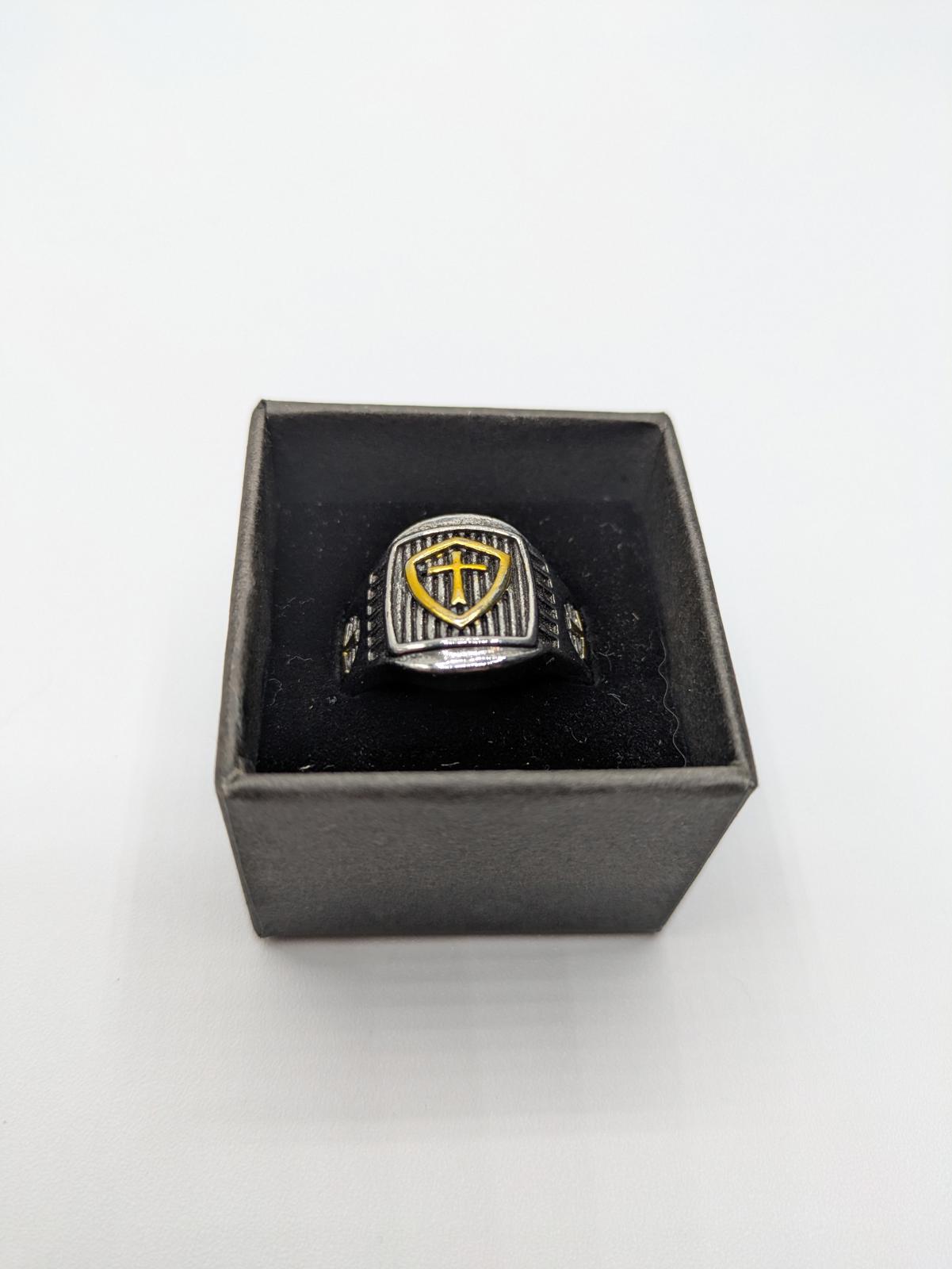 Silver and Gold Accented Holy Cross Shield Ring Mens Size 10 Stainless Steel - Image 8