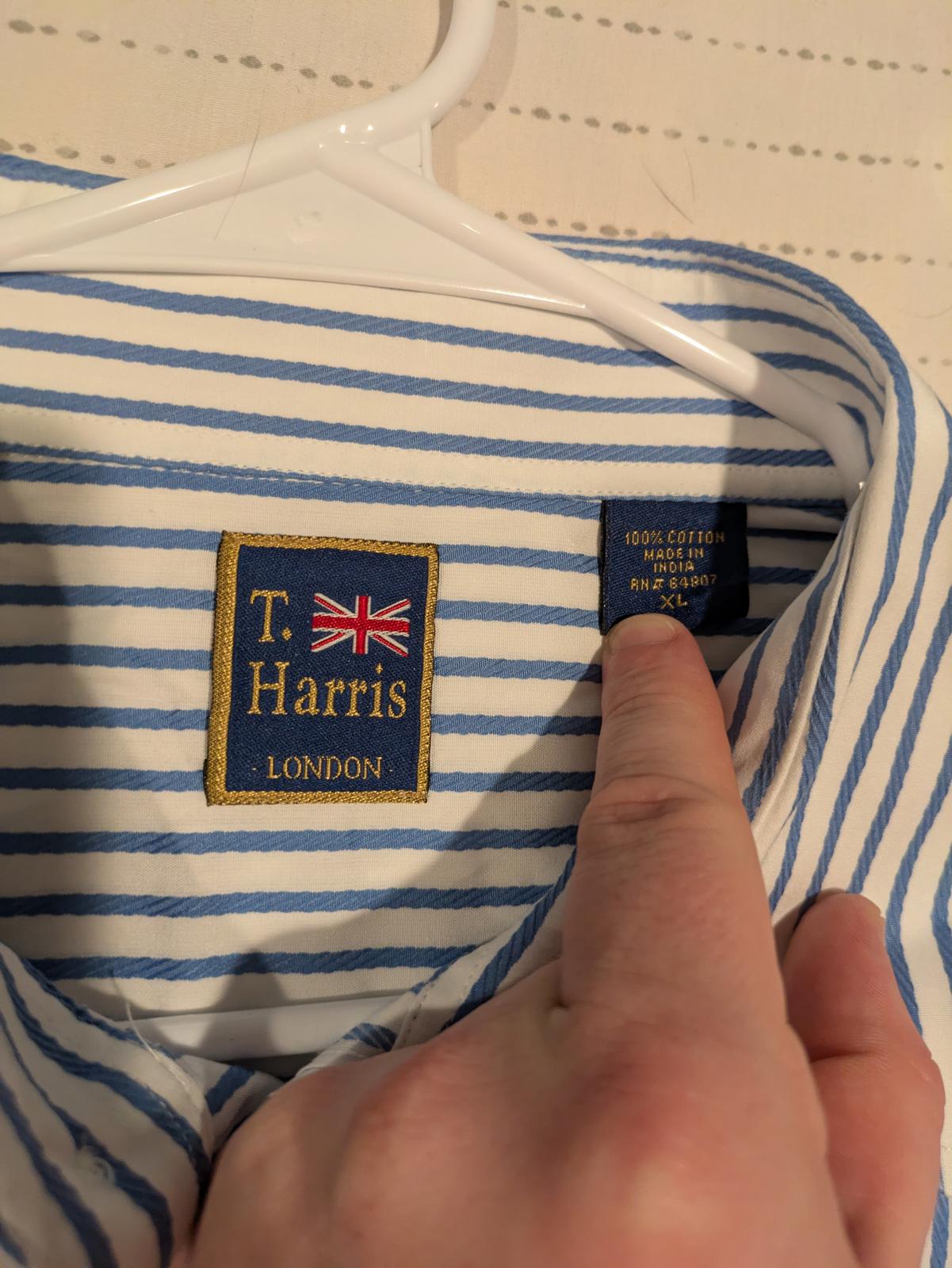 T Harris London Blue White Stripe Button Down Shirt Long Sleeve Cotton Mens XL - Image 3