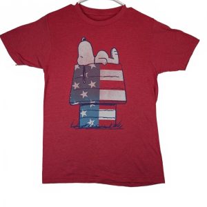 Peanuts Snoopy American Flag Patriotic Graphic Red Crewneck T-Shirt Mens Size S