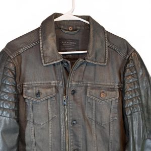 AllSaints Spitalfields Denim Leather Sleeve Zip Moto Trucker Jacket Mens Large