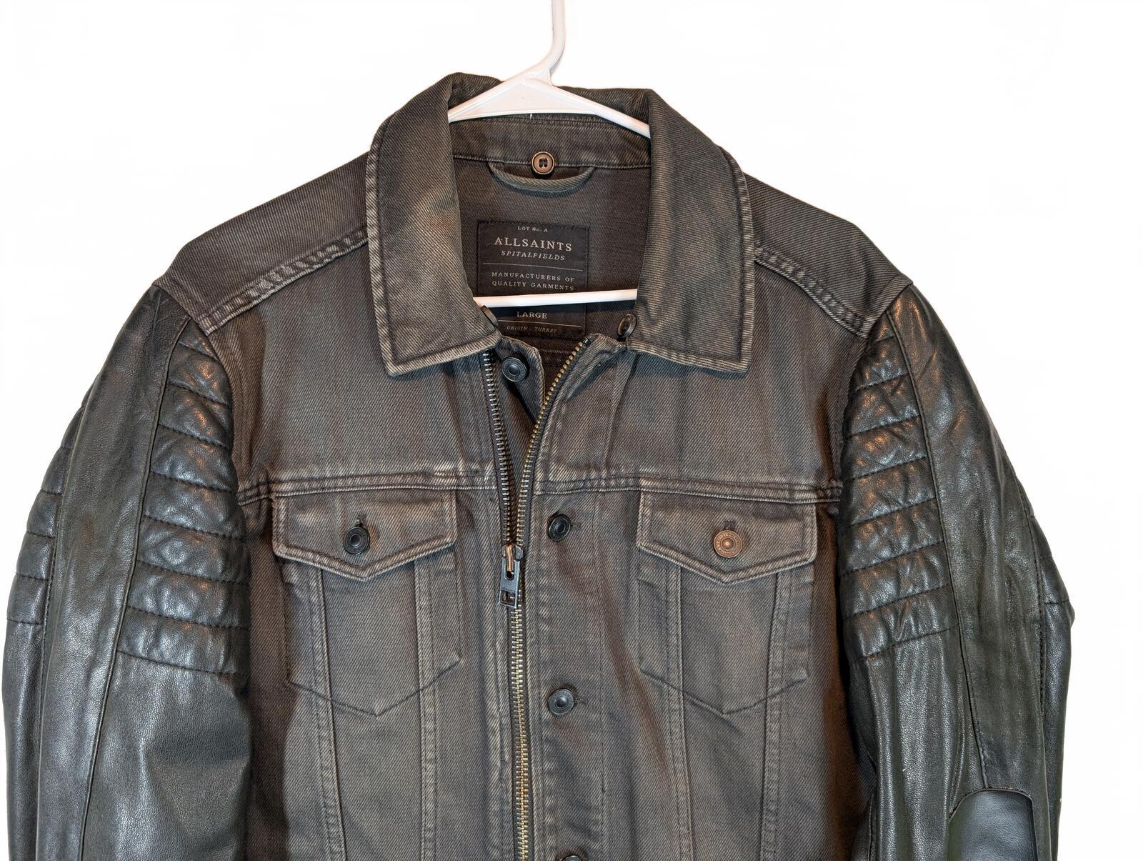 AllSaints Spitalfields Denim Leather Sleeve Zip Moto Trucker Jacket Mens Large