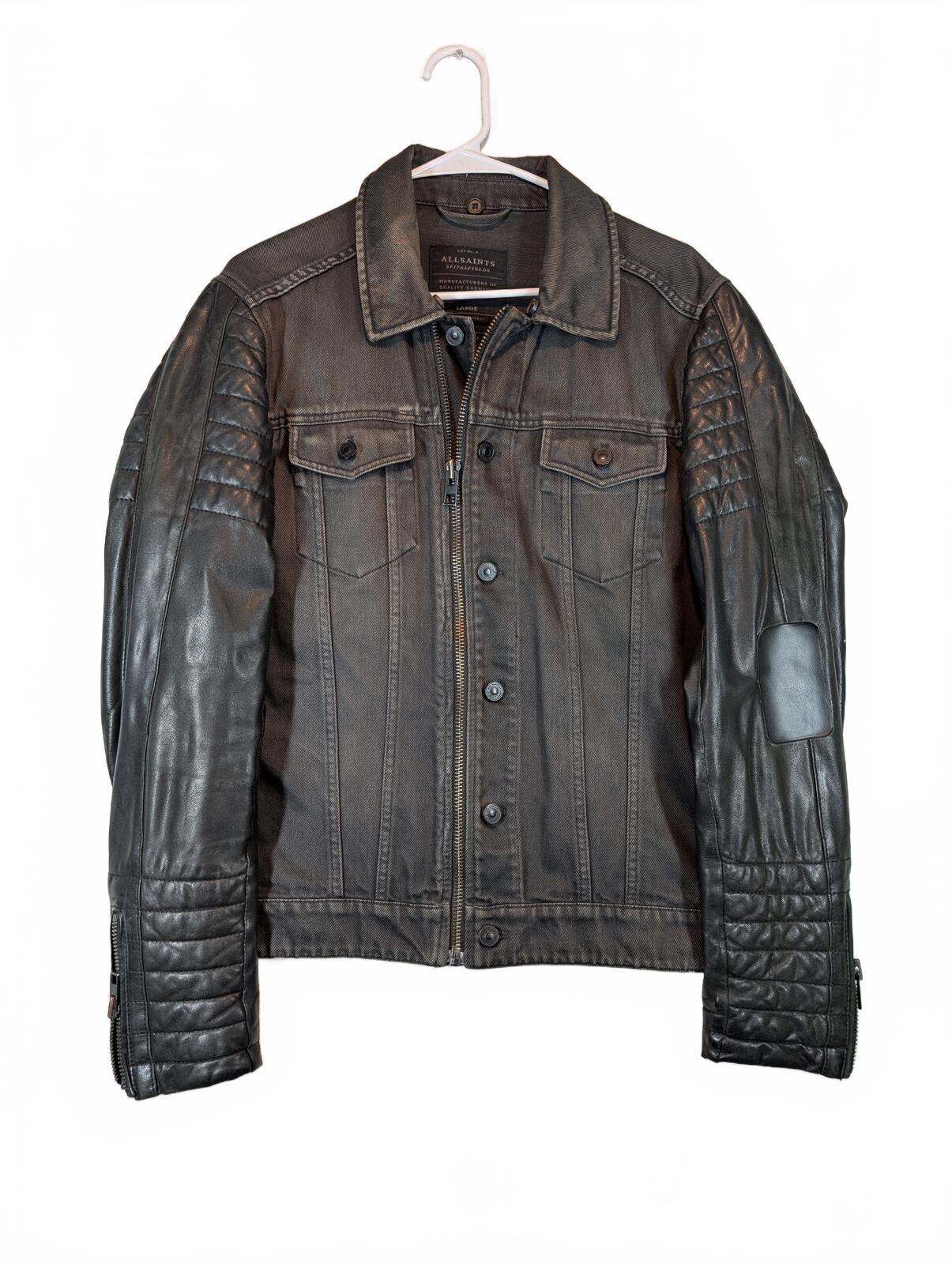 AllSaints Spitalfields Denim Leather Sleeve Zip Moto Trucker Jacket Mens Large - Image 2