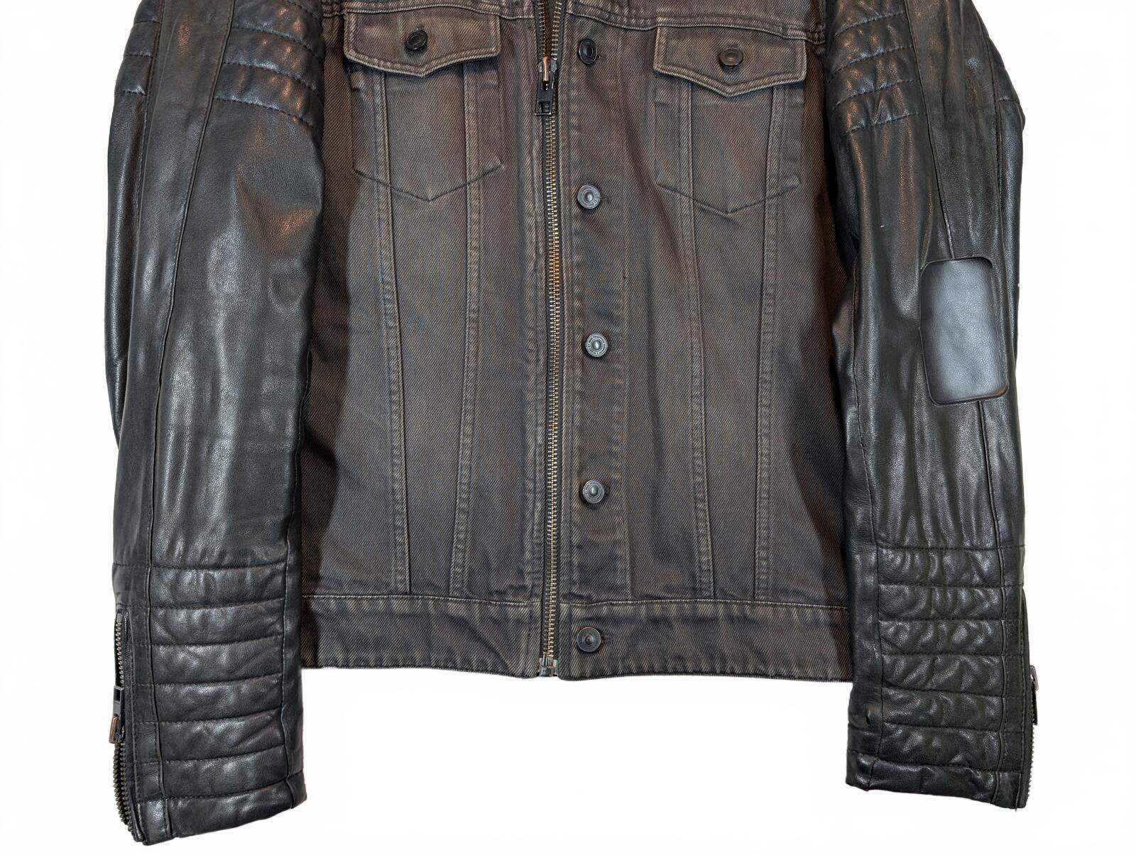 AllSaints Spitalfields Denim Leather Sleeve Zip Moto Trucker Jacket Mens Large - Image 3