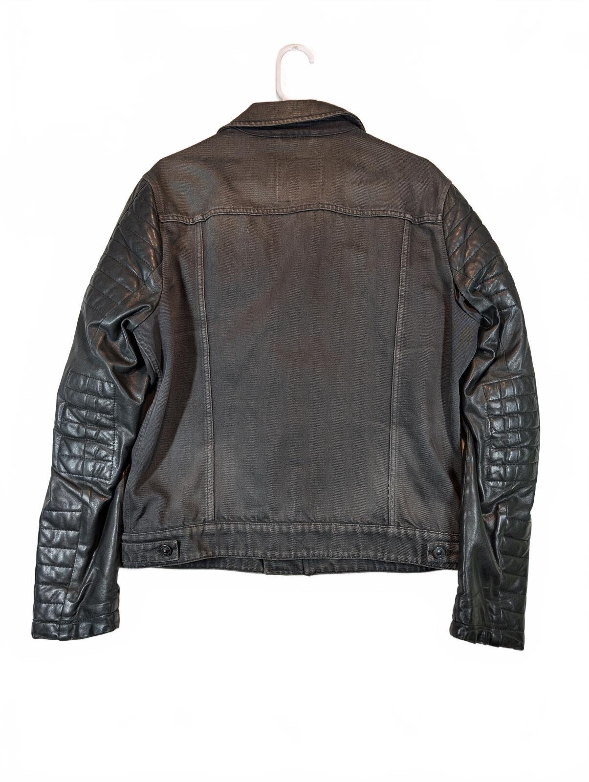 AllSaints Spitalfields Denim Leather Sleeve Zip Moto Trucker Jacket Mens Large - Image 4