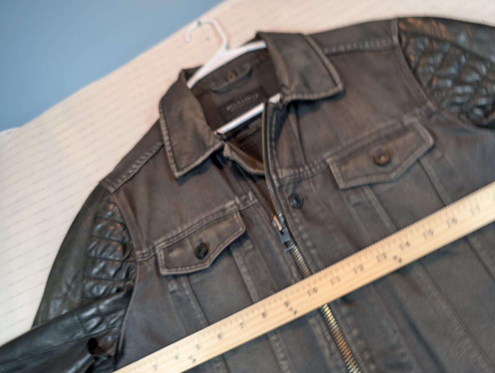 AllSaints Spitalfields Denim Leather Sleeve Zip Moto Trucker Jacket Mens Large - Image 6
