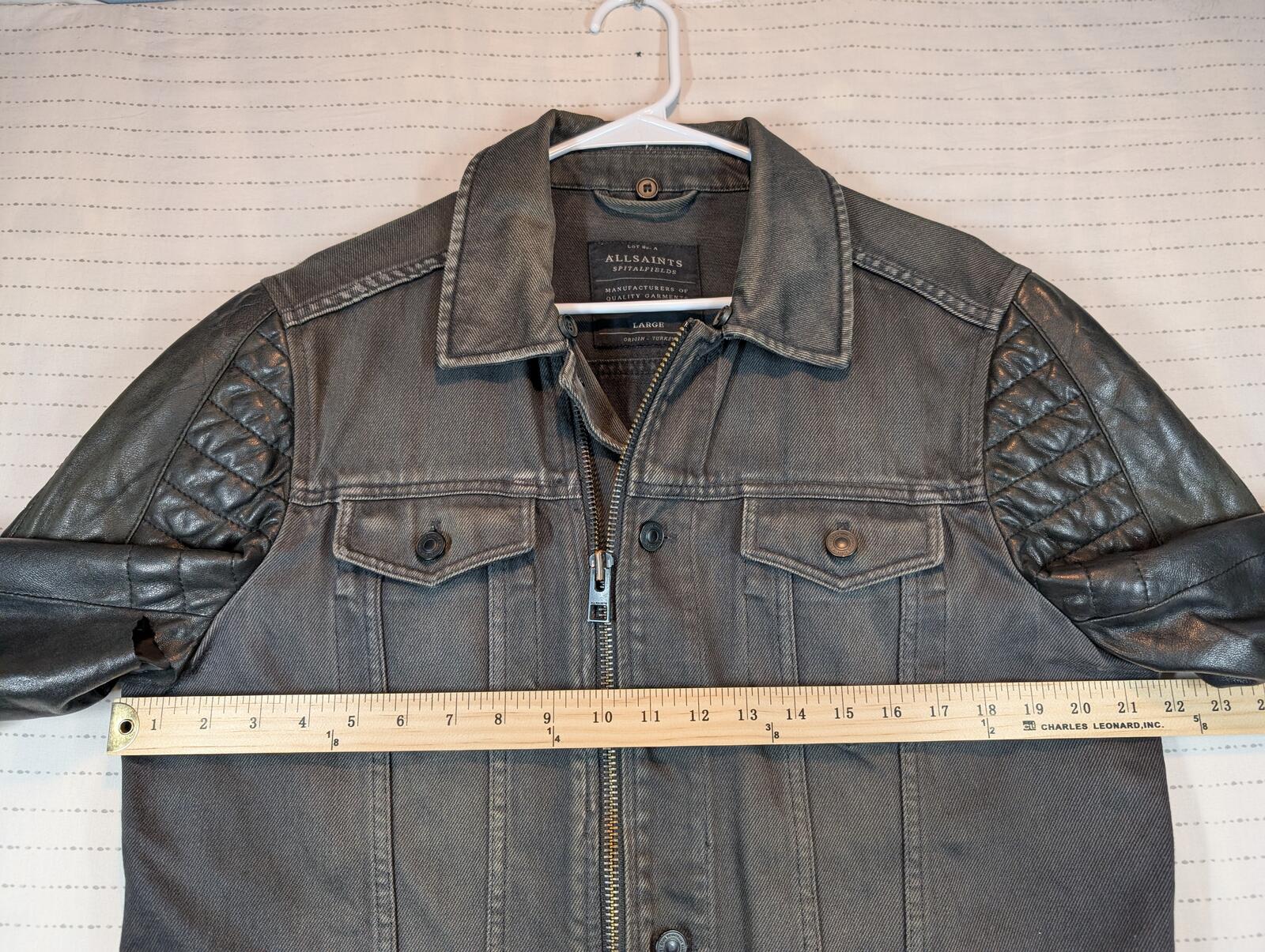 AllSaints Spitalfields Denim Leather Sleeve Zip Moto Trucker Jacket Mens Large - Image 7