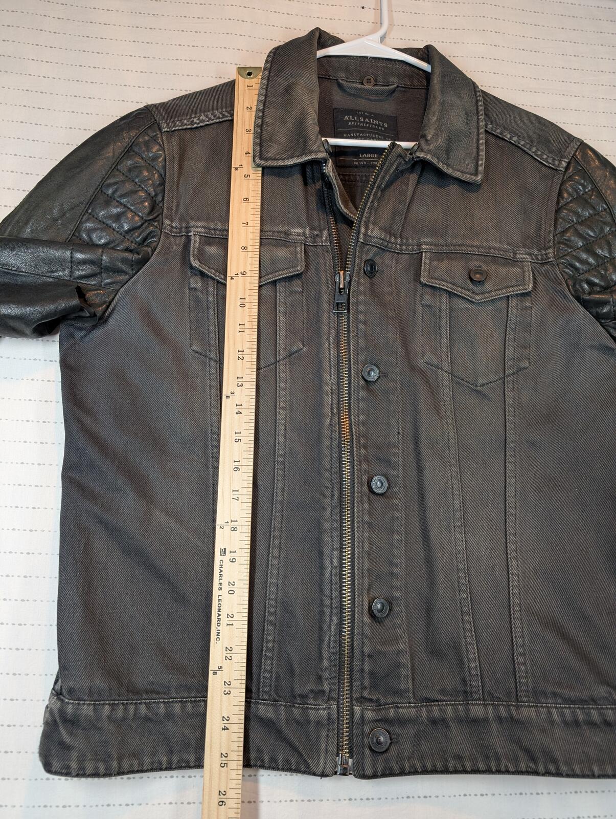 AllSaints Spitalfields Denim Leather Sleeve Zip Moto Trucker Jacket Mens Large - Image 8