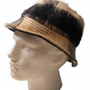 Fuzzy Bucket Hat with Black and Beige Color Block Design OSFM