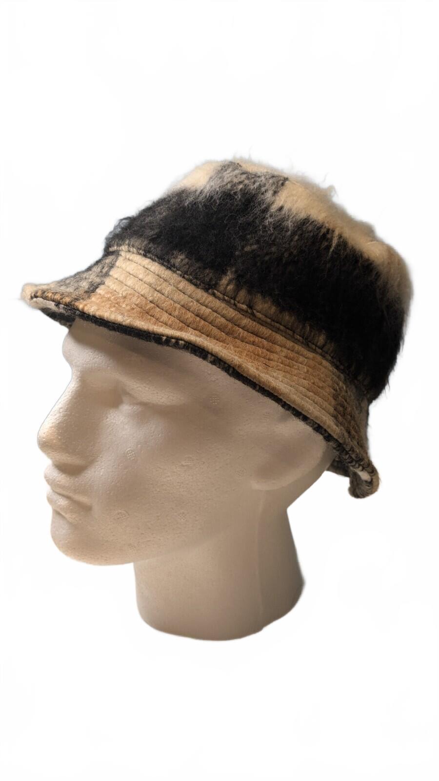 Fuzzy Bucket Hat with Black and Beige Color Block Design OSFM
