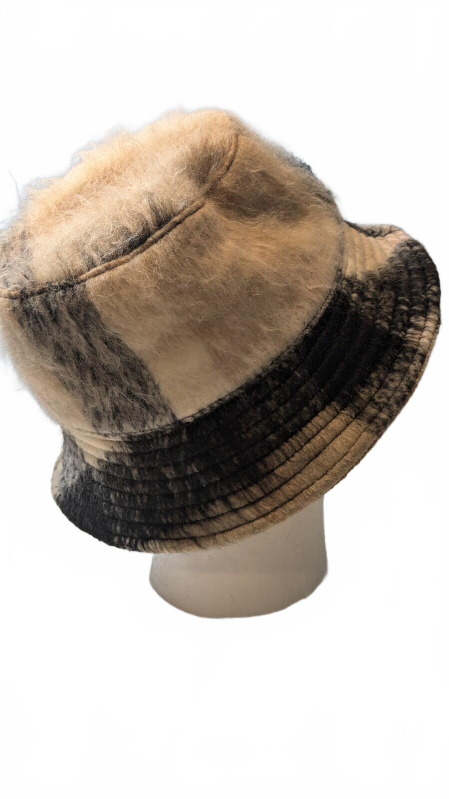 Fuzzy Bucket Hat with Black and Beige Color Block Design OSFM - Image 2