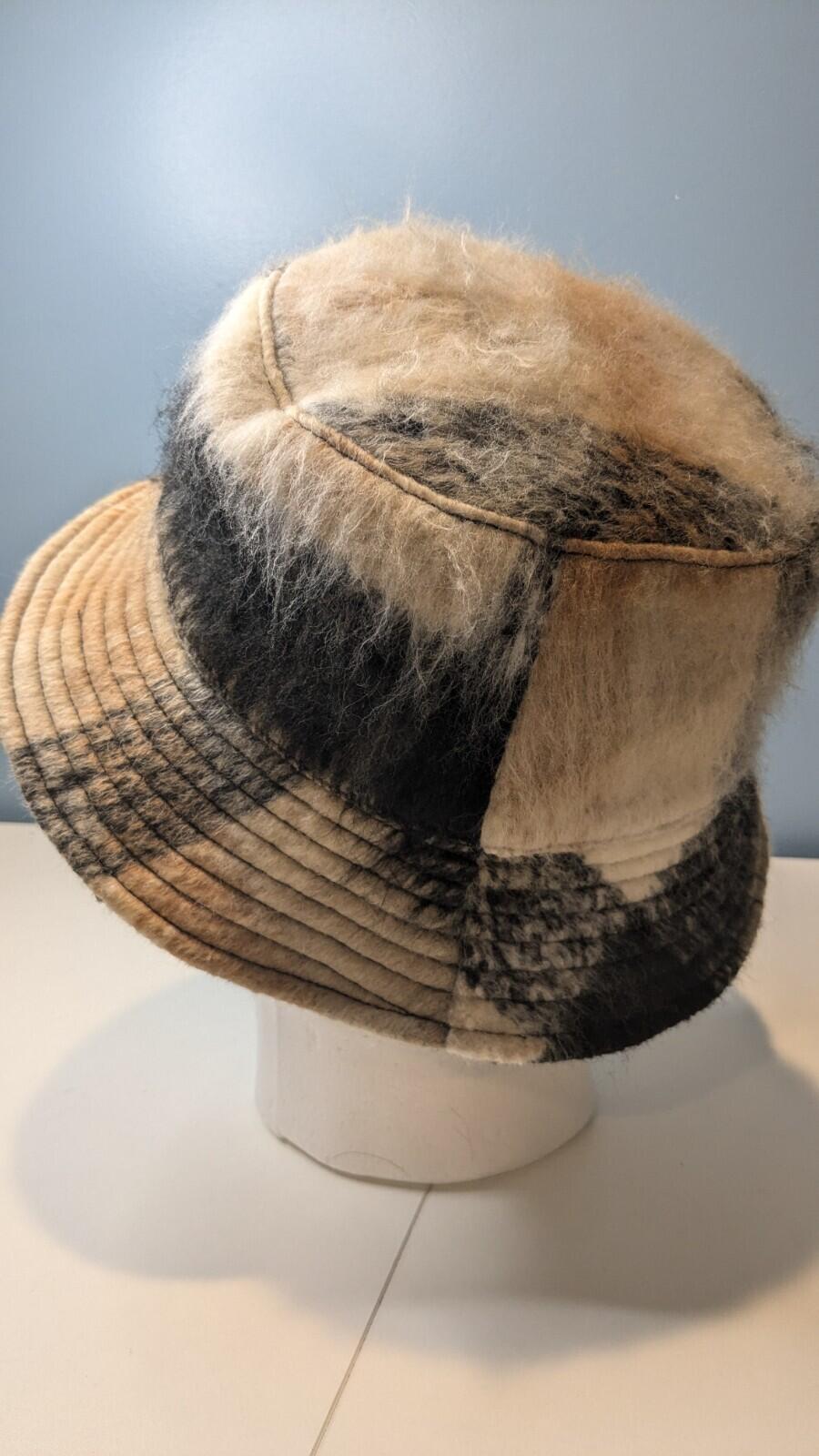 Fuzzy Bucket Hat with Black and Beige Color Block Design OSFM - Image 6
