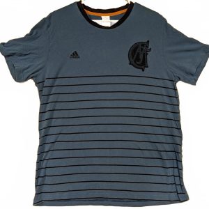 Adidas Striped Tee Shirt Blue Logo Patch Crew Neck Casual Men's XL
