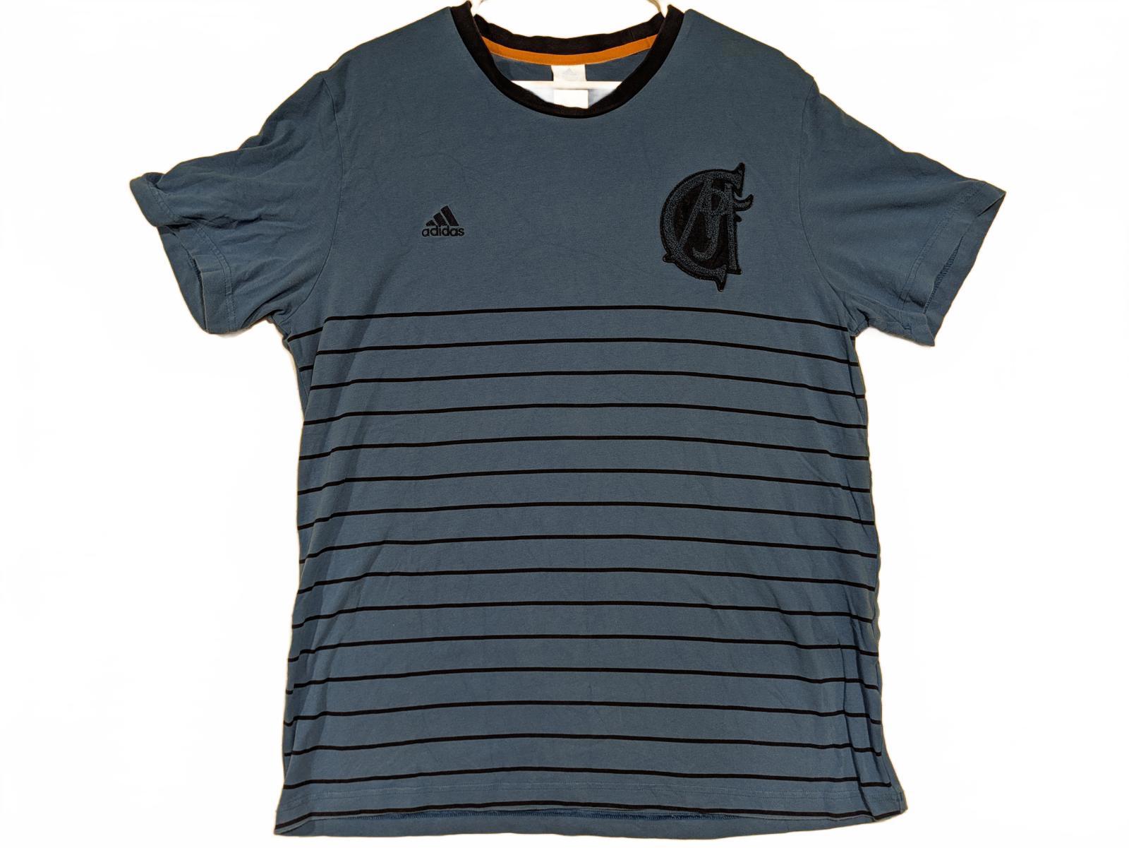 Adidas Striped Tee Shirt Blue Logo Patch Crew Neck Casual Men's XL