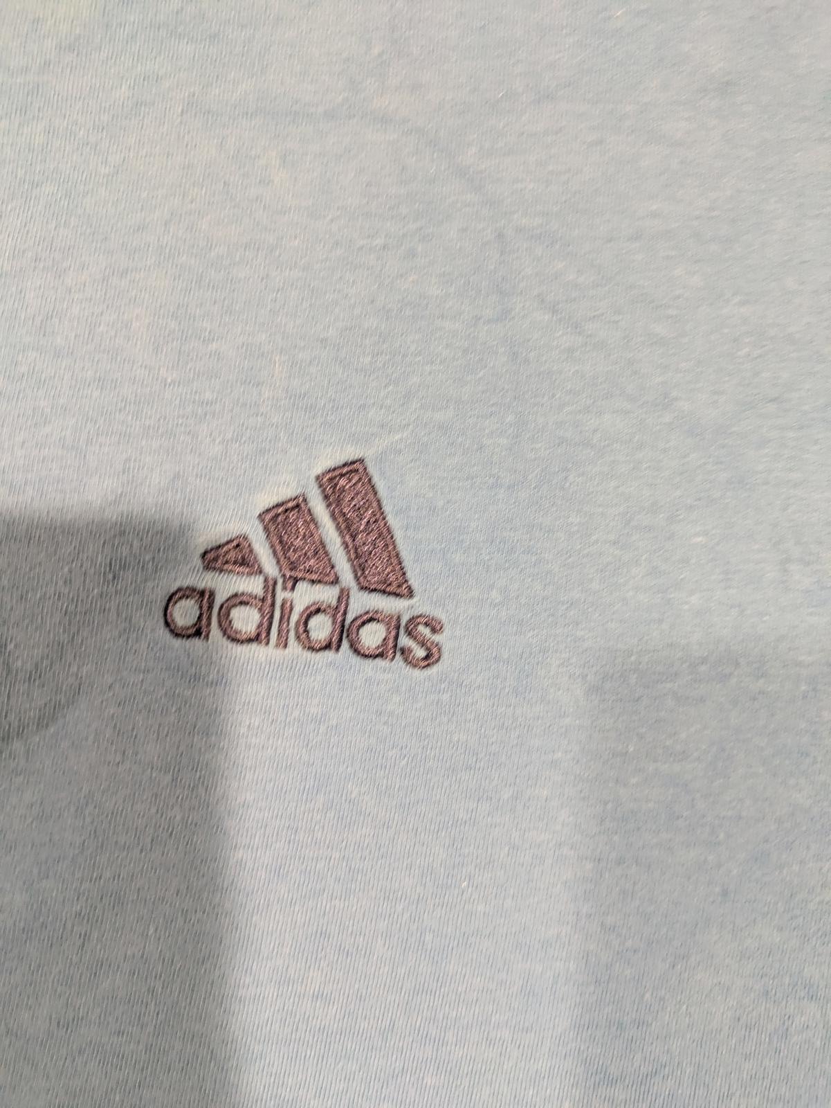 Adidas Striped Tee Shirt Blue Logo Patch Crew Neck Casual Men's XL - Image 3