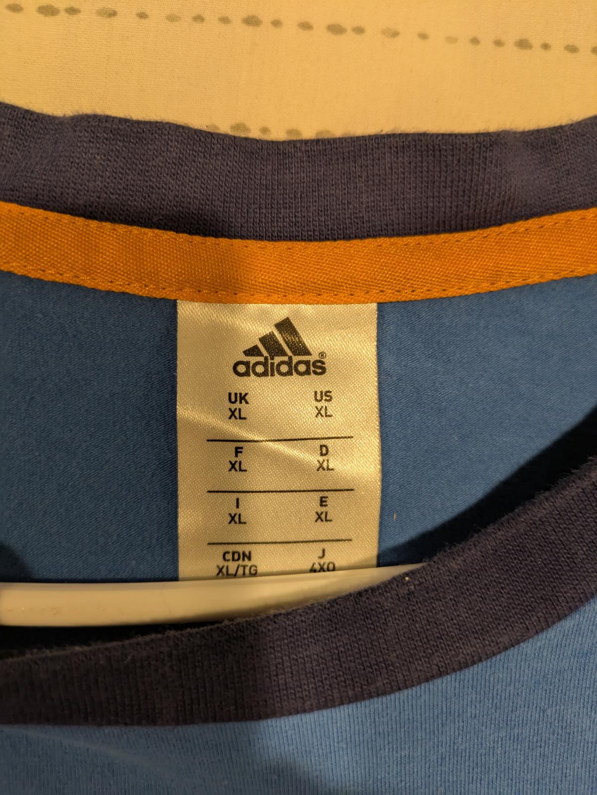 Adidas Striped Tee Shirt Blue Logo Patch Crew Neck Casual Men's XL - Image 4