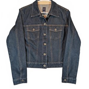Gap Dark Wash Blue Denim Jean Trucker Button Front Cropped Jacket Womens Medium