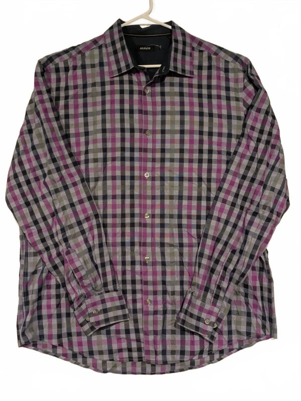 Alfani Modern Fit Plaid Button Down Shirt Purple Gray Checkered Mens XL