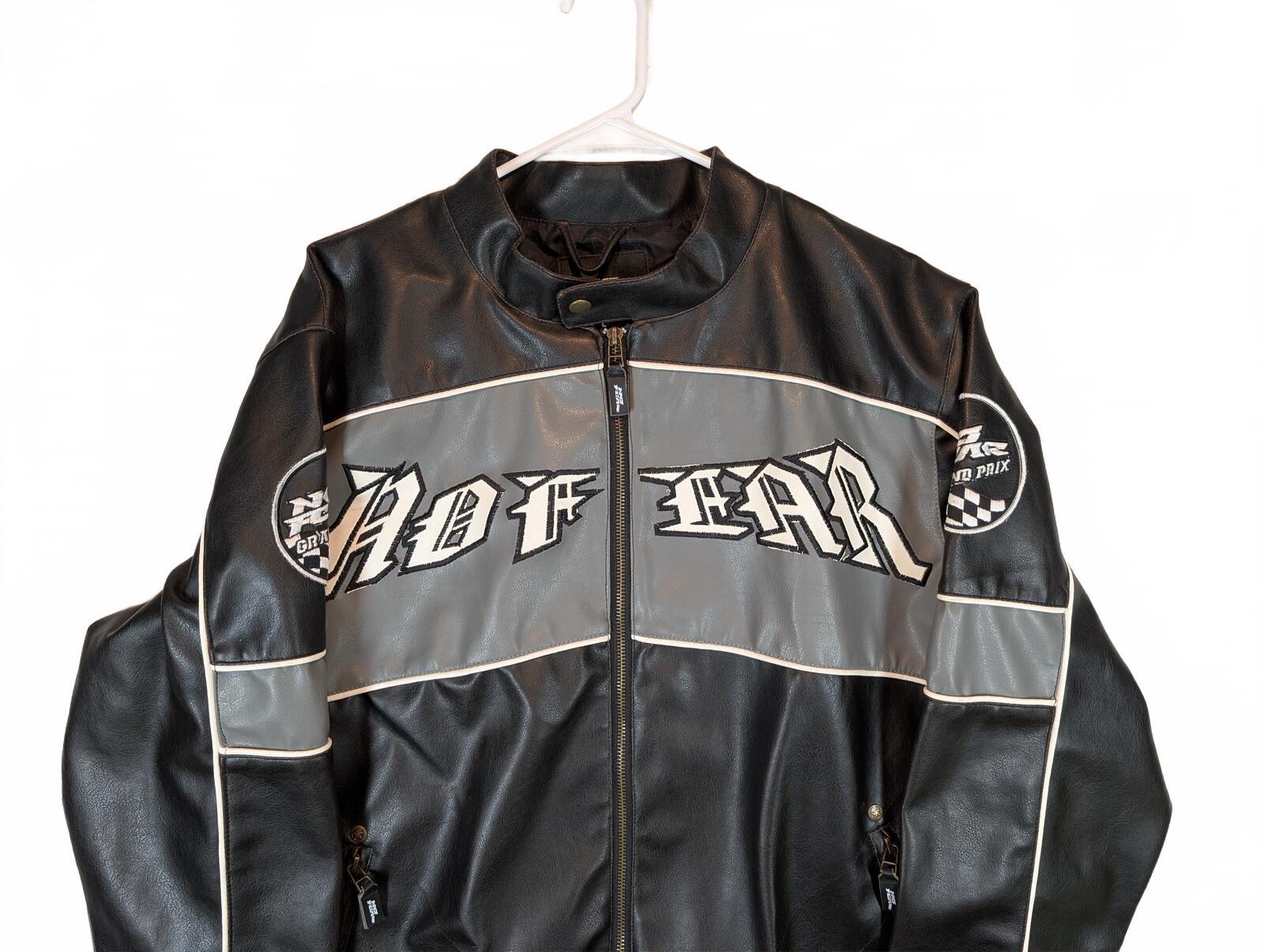 No Fear Grand Prix Black Gray Faux Leather Moto Racing Biker Jacket Mens Large