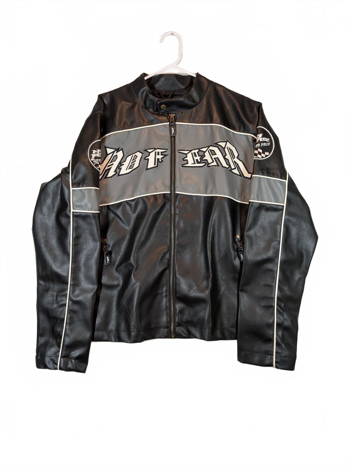 No Fear Grand Prix Black Gray Faux Leather Moto Racing Biker Jacket Mens Large - Image 2