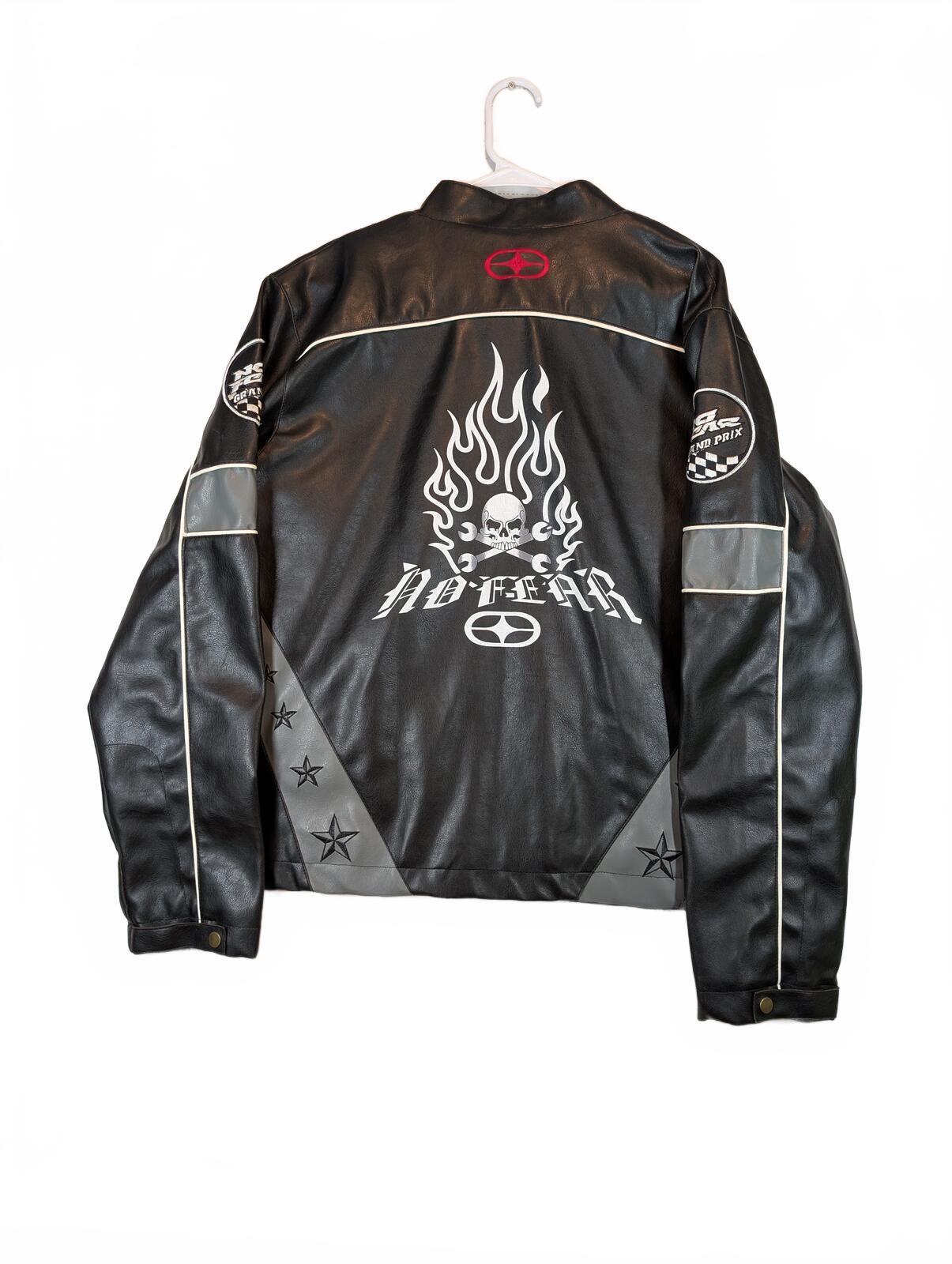 No Fear Grand Prix Black Gray Faux Leather Moto Racing Biker Jacket Mens Large - Image 3