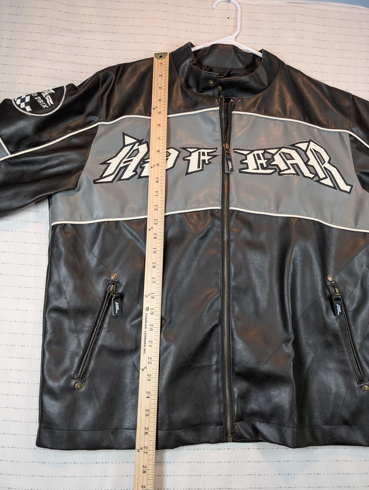 No Fear Grand Prix Black Gray Faux Leather Moto Racing Biker Jacket Mens Large - Image 7
