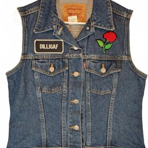 Levi's Trucker Denim Vest Rose Patch DILLIGAF Biker Vintage Blue Womens Medium