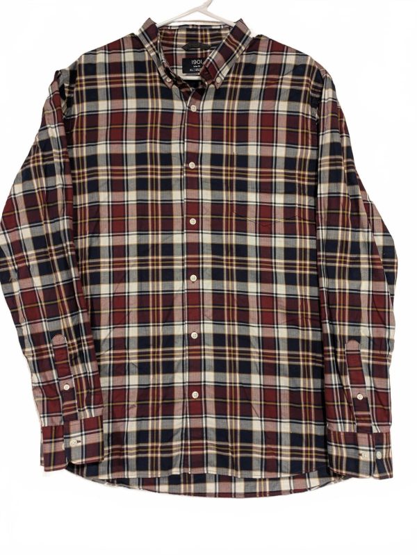 1901 Classic Fit Plaid Button Down Shirt Burgundy Navy Check Mens XL Cotton