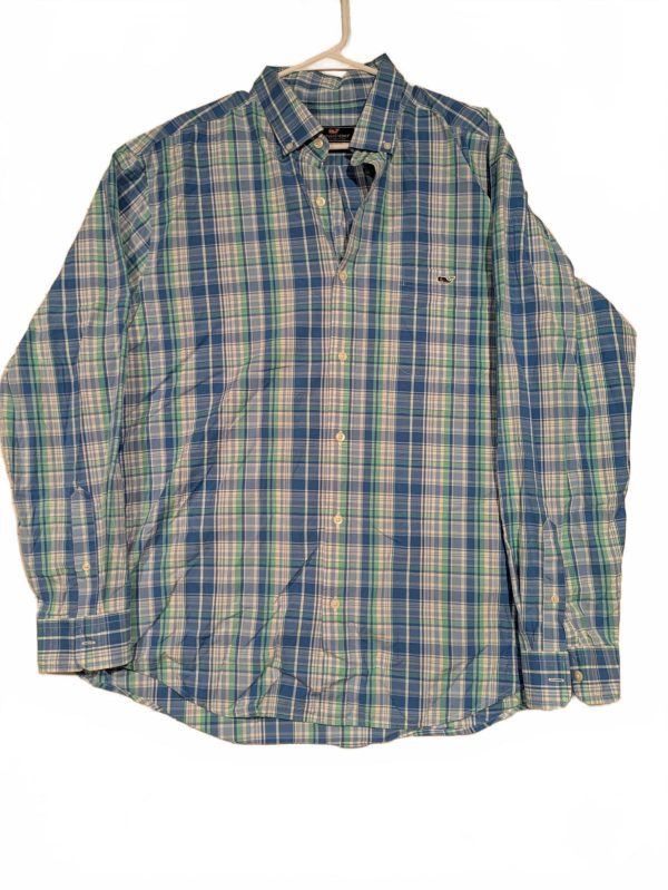 Vineyard Vines Classic Fit Tucker Green Blue Plaid Stretch Shirt Mens XL